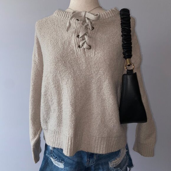 American Eagle Soft Beige Crew Neck Sweater With Lace Tie Front Design Size XL - Picture 4 of 7